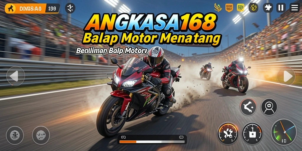 Screenshot utama ANGKASA168 menampilkan motor balap di trek yang menakjubkan.