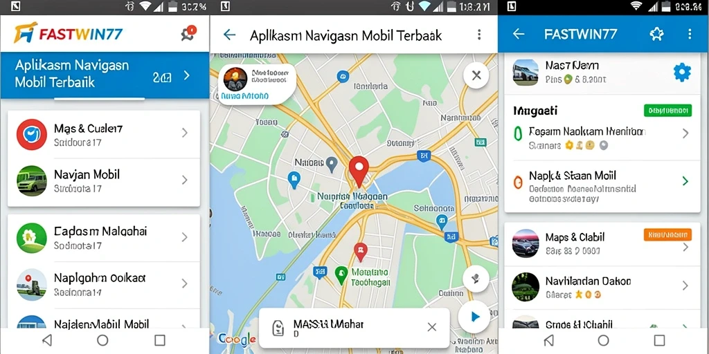 Antarmuka aplikasi FASTWIN77 dengan fitur navigasi mobil.