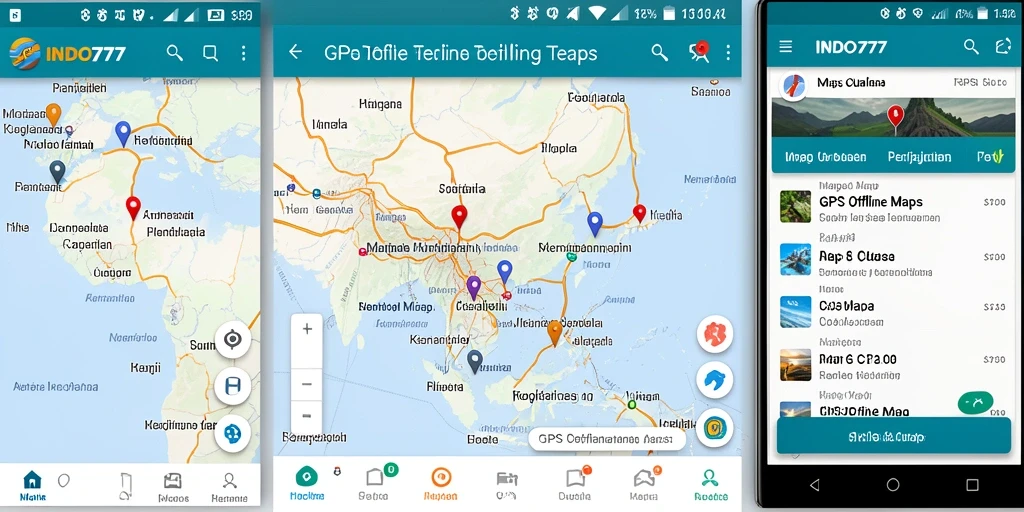 Tampilan antarmuka pengguna INDO777 yang interaktif untuk GPS Offline Maps.