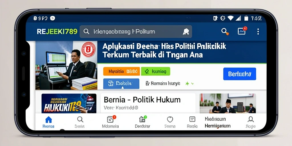 Antarmuka aplikasi REJEKI789 menampilkan berita politik dan hukum terkini.