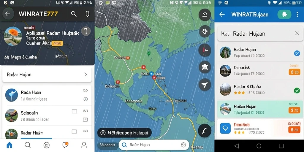 Antarmuka aplikasi WINRATE777 menampilkan informasi cuaca dan peta radar hujan interaktif.